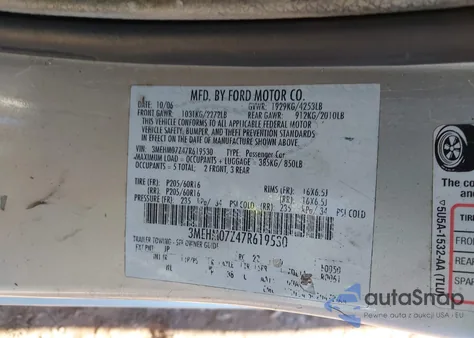 2007 Mercury Milan I4 from USA, damaged, VIN 3MEHM07Z47R619530